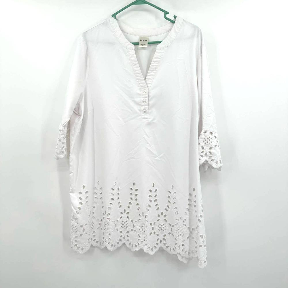 Blair size XL white v neck dress large eyelet detail at cuffs and lower hem